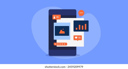 Social media analytics application on mobile screen, Analytics showing social media campaign performance, Social media likes, engagement, audience reach - vector illustration with icons
