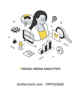 Social Media Analytics Concept. Process Of Tracking And Collecting Data From Social Networks. Abstract Isometric Illustration