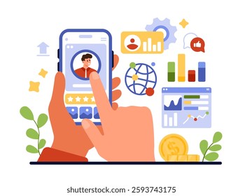 Social media analytics, CRM system. Hand of user holding smartphone for digital analysis infographic social media campaign performance in application on mobile screen cartoon vector illustration
