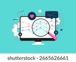 Social media analytics dashboard with charts and graphs on computer screen, illustrating audience engagement, campaign performance and marketing insights for smm digital strategy, vector illustration