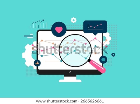 Social media analytics dashboard with charts and graphs on computer screen, illustrating audience engagement, campaign performance and marketing insights for smm digital strategy, vector illustration