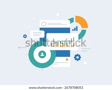 Social media analytics dashboard with graphs, user profile and engagement metrics. SMM performance insights, audience tracking and marketing data visualization for business intelligence illustration
