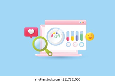 Social Media Analytics Dashboard, Performance Analysis With Social Media Tool, KPI And Metrics For Social Media Marketing - 3D Design Vector Illustration