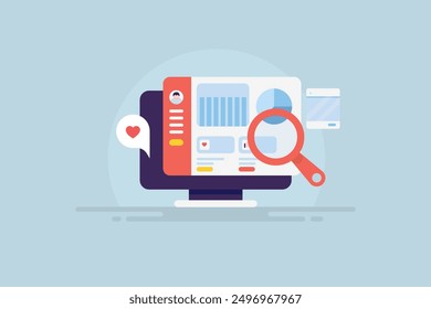 Social media analytics dashboard, Social media tool analyzing performance of Social media content marketing and advertising - vector illustration background with icons