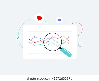 Social media analytics with graphs, magnifying glass and icons for likes, comments and engagement. Digital marketing, audience insights, trend analysis and performance tracking illustration