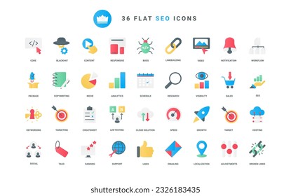 Social media analytics and internet network, mobile app symbols, copywriting and niche research, likes for content and links. SEO, business technology trendy flat icons set vector illustration