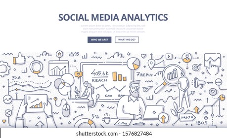 Social media analytics, management, and optimization concept. Modern internet technology. SMM campaign. Doodle illustration for web banners, hero images, printed media