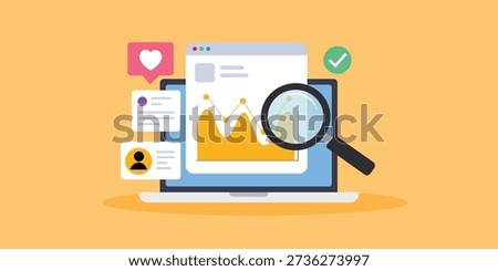 Social Media Analytics and Marketing Dashboard Vector Illustration with Laptop and Magnifying Glass