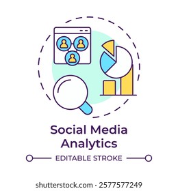Social media analytics multi color concept icon. Statistical metrics. Marketing research, target audience. Round shape line illustration. Abstract idea. Graphic design. Easy to use in infographic