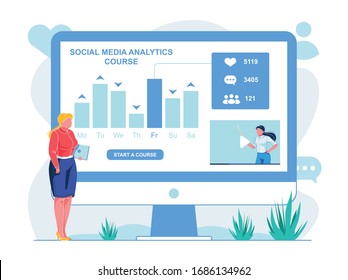 Social Media Analytics Online Course, Banner. How Number Likes, Comments and Subscribers in Companys Account Changes every Day. Woman will Watch Online Lesson.