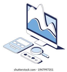 Análisis de medios sociales, reseñas y me gusta, computadora y tablet. Vector 3d línea isométrica, iconos web, color azul. Idea de diseño creativo para infografías.