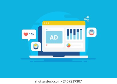 Social media analytics tool, Social media tool displaying social media ad campaign performance, Social media ads driving more traffic, likes, audience engagement - vector illustration with icons