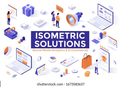 Social Media Analytics Tools, E-commerce, Digital Marketing, Online Advertisement, Internet Retail. Bundle Of Isometric Design Elements Or Objects Isolated On White Background. Vector Illustration.