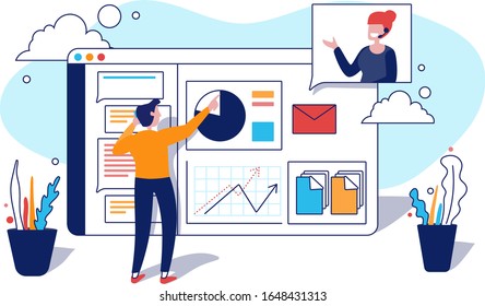 Social media analytics vector illustration. Call center with people who communicate with each other. A cartoon flat style web page with business diagrams, chats, finance statistics, clouds and document