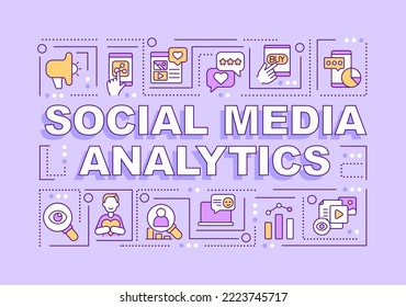 Social media analytics word concepts purple banner. Audience research. Infographics with editable icons on color background. Isolated typography. Vector illustration with text. Arial-Black font used
