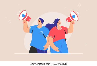 Social media announcement and online marketing loudspeaker banner. Flat line vector illustration of cute couple standing and shouting with red megaphone. Audience announcement and promo alert