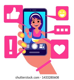 Social media app, girl makes selfie vector illustration. Active life in social networks concept. Selfie girl in social network media, smartphone app