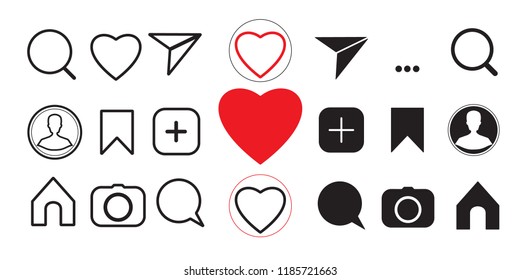Social media app with interface buttons, line and solid icons: home, camera, comment, search, photo camera, heart, user story. on white background