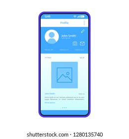Social media app interface vector template. Mobile app interface blue design layout. Social network post with photo and text. Flat UI. Phone display with user's profile information