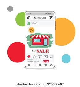 Social media app on smartphone screen. Selling online via internet networking to gain more benefit. Isolated in colorful dot. Vector illustration.