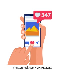 Social media app, press the button like images. Hand holding mobile smart phone. Smartphone with interface social network. Vector illustration flat design.