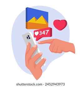 Social media app, press the button like images. Hand holding mobile smart phone. Smartphone with interface social network. Vector illustration flat design.