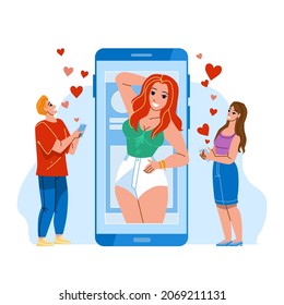 Social Media App For Share And Like Photo Vector. Social Media Application Using Man And Woman For Grading Girl Photography Online. Characters Looking At Photo On Smartphone Flat Cartoon Illustration