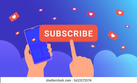 Social media app with speech bubble subscribe and flying hearts. Human hand holds smartphone and pushing the button subscribe. Vector illustration of flying in clouds bubbles with hearts