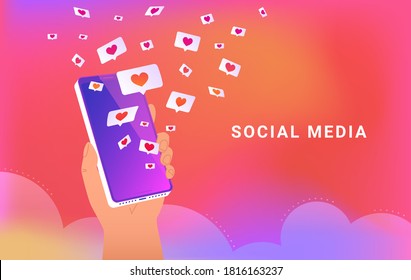 Social media app with speech bubbles and hearts. Human hand holds smartphone and loading many hearts of social media and dating app. Vector illustration of speech bubbles on bright gradient background