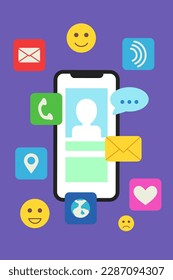 Social media app symbols around phone vector illustration. Smartphone screen with emoticons and application elements on purple background. Communication, technology, social media or network concept