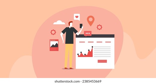Social media application, people engaged with social media content, content marketing analytics, people spending time on social media - flat design vector illustration with icon