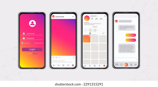 Social media application at phone. Mock up frame design for smartphone and mobile applications and programs. INterface and UI and UX. Cartoon flat vector illustrations isolated on grey background