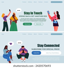 Social media application, stay connected and subscribe for special price. People with smartphones chatting and talking on video. Website landing page template, internet site. Vector in flat style