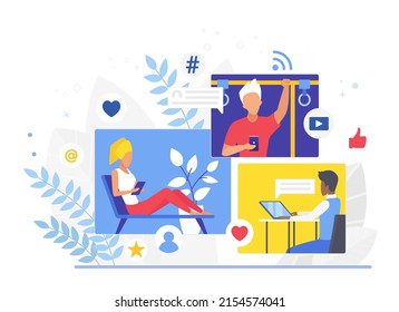 Los usuarios de aplicaciones de medios sociales siempre están en línea. Seguidores activos comunicándose en la red de mensajería