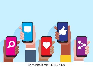 Social Media Applications. Mobile Applications Concept. Multi Skin Color Hands Raising Smartphone. Vector Flat Illustration