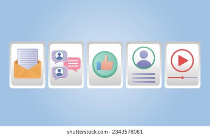 aplicaciones de medios sociales interfaz mail, chat, like, login page, video play icon Banners horizontales de moda.en fondo azul.Vector Design Illustration.