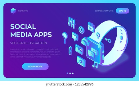 Social media apps on a Smart Watch. Social media 3d isometric icons. Mobile apps. Created For Mobile, Web, Decor, Application. Perfect for web design, banner and presentation. Vector Illustration.