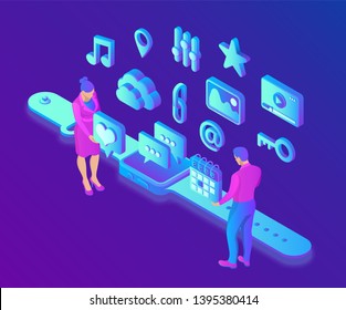 Social media apps on a Smart Watch. Social media 3d isometric icons. Mobile apps. Created For Mobile, Web, Decor, Application. Vector illustration infographic template with people and icons.