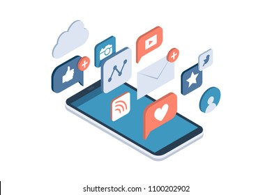 Social media apps on a smartphone: online sharing, messaging and marketing on social networks concept