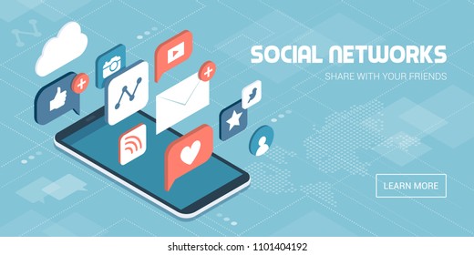 Social media apps on a smartphone: online sharing, messaging and marketing on social networks concept