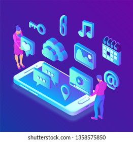 Social media apps on a smartphone. Social media 3d isometric icons. Mobile apps. Created For Mobile, Web, Decor, Application. Vector illustration infographic template with people and icons.