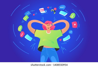 Social media around us concept vector gradient illustration of young grumpy woman covering face with hands to avoid alot of messages, notifications, news, videos and memes. Modern people and networks