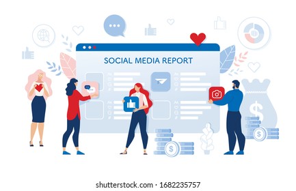 Social Media Audit Report. People User Response. Man and Woman Holding Like Heart and Thumbs up Sign, Photo Camera and Online Chat Widget. Huge Digital Tablet Screen Check Point. Vector Illustration