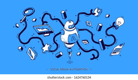 Social media automation isometric banner. Internet technology tools for SEO, digital content. Octopus robot with many hands holding business attributes and graphs. 3d vector illustration, line art