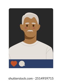 Social media avatar. Beautiful elderly man in white tshirt. Users profile in social networks and messengers. Aged old person. Flat vector illustration isolated on white background