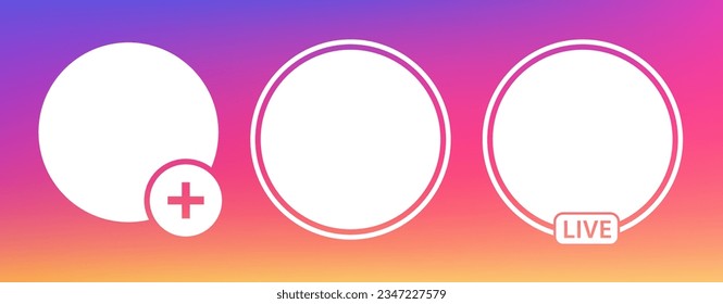 Social media avatar frame set. Purple story border. Live stream, hashtag, location, add new icons. Video streaming sign. Concept of social networks. Background with gradient. Vector illustration