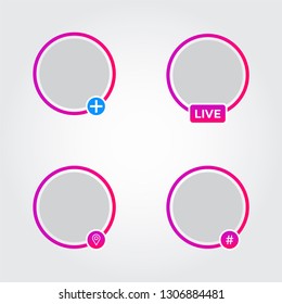 Social Media Avatar Frames Set. Instagram Story Purple Border. Live, Hashtag, Location, Add New Icons. Video Streaming Sign. Vector Illustration.