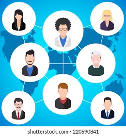 Social media avatar network connection concept. People in a social network. Concept for social network in flat design. Globe with many different people's faces