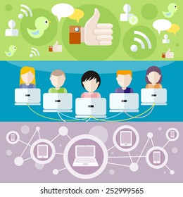 Social media avatar network connection concept. People in a social network. Concept for social network in flat design. Many different peoples faces with laptops