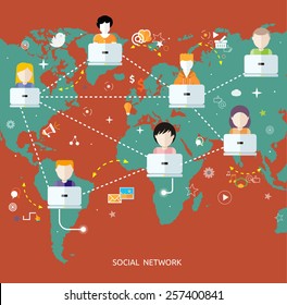 Social media avatar network connection concept. People in a social network. Concept for social network in flat design. Globe with many different peoples faces with laptops